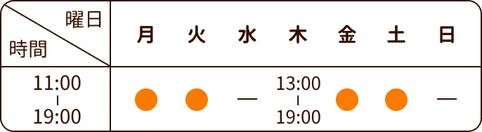 営業時間:月・火・金 11:00〜19:00、木 13:00〜19:00。水・土・日は休業。祝日は曜日に準じる。
