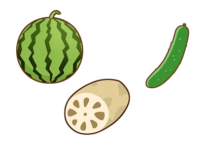 水分を補う夏野菜や果物のイラスト(スイカ・きゅうり・れんこん)