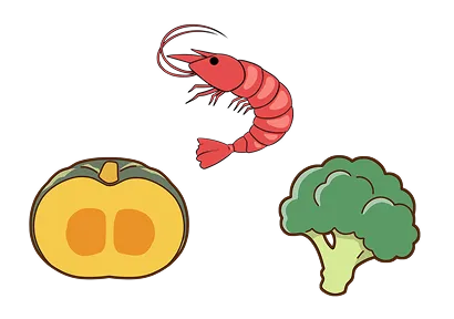 気力を補う食材のイラスト(パン・かぼちゃ・エビ)