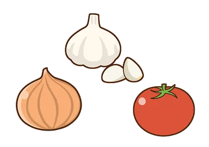 血流をよくする食材のイラスト(玉ねぎ・にんにく・トマト)