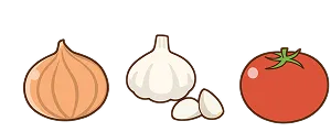 血流をよくする食材のイラスト（玉ねぎ・にんにく・トマト）